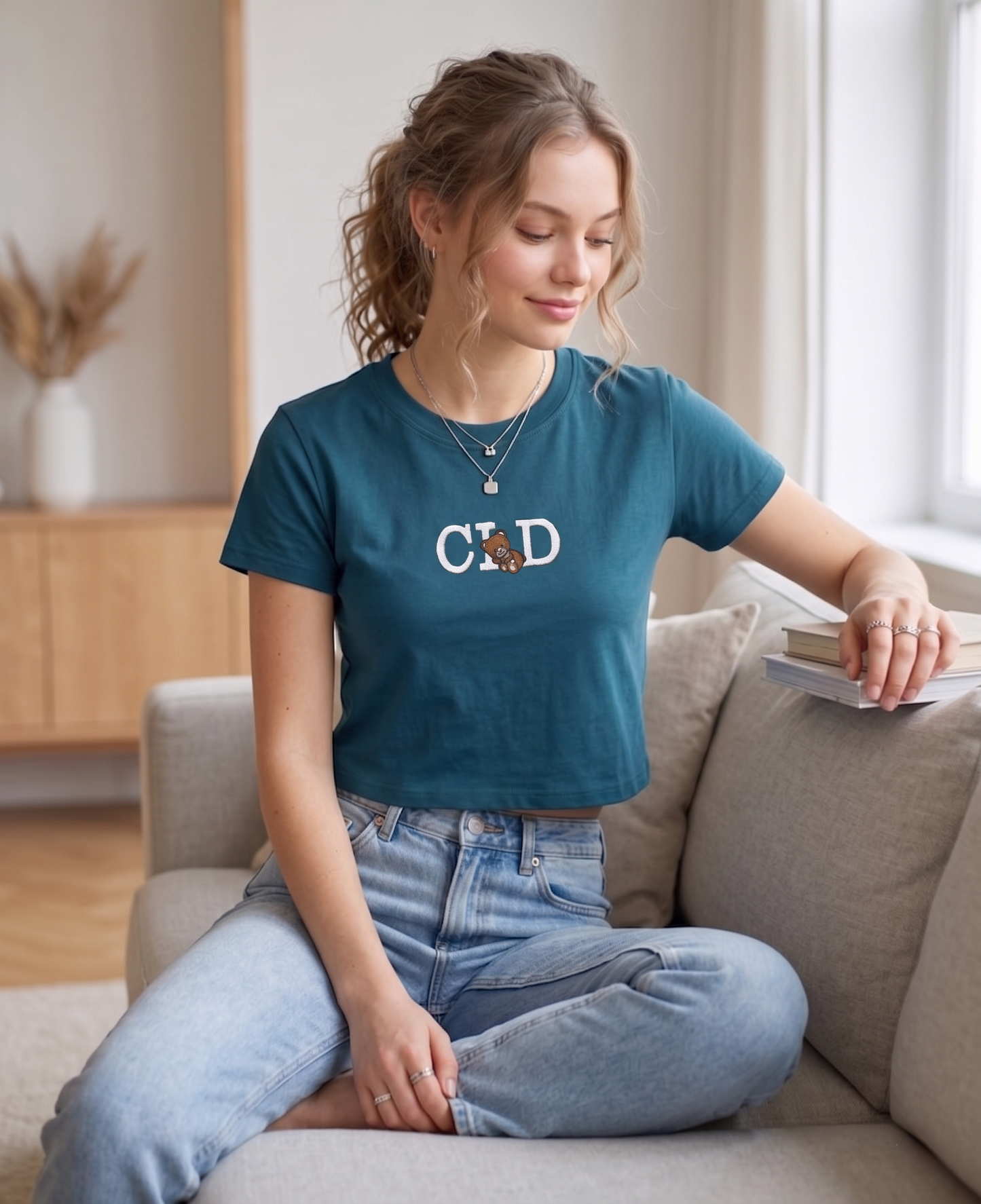 Teal Gold Wash Embroidered Baby Tee