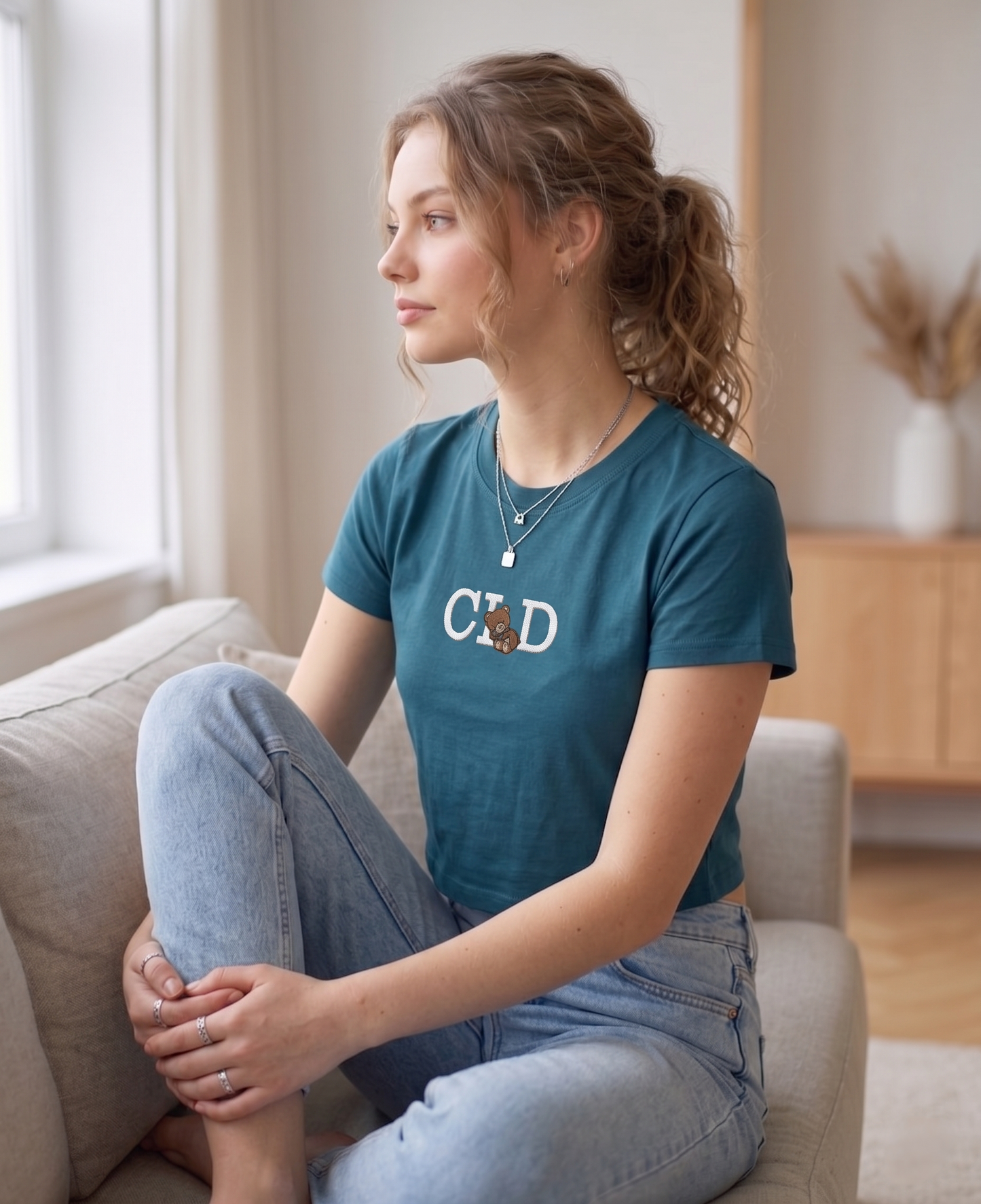Teal Gold Wash Embroidered Baby Tee