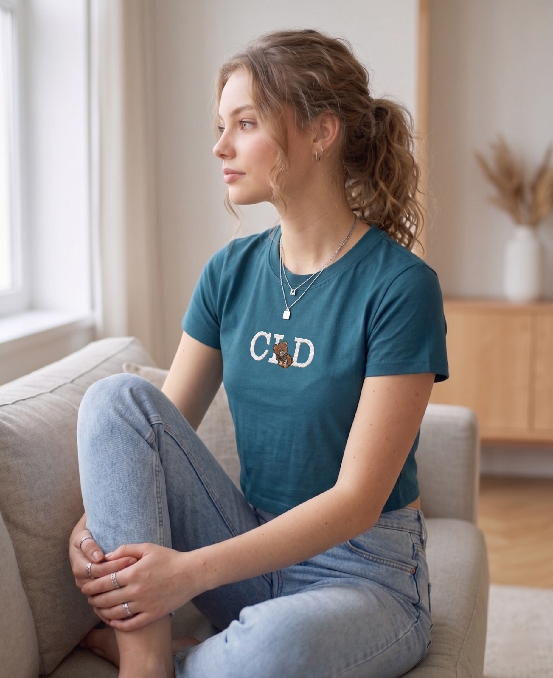 Teal Gold Wash Embroidered Baby Tee