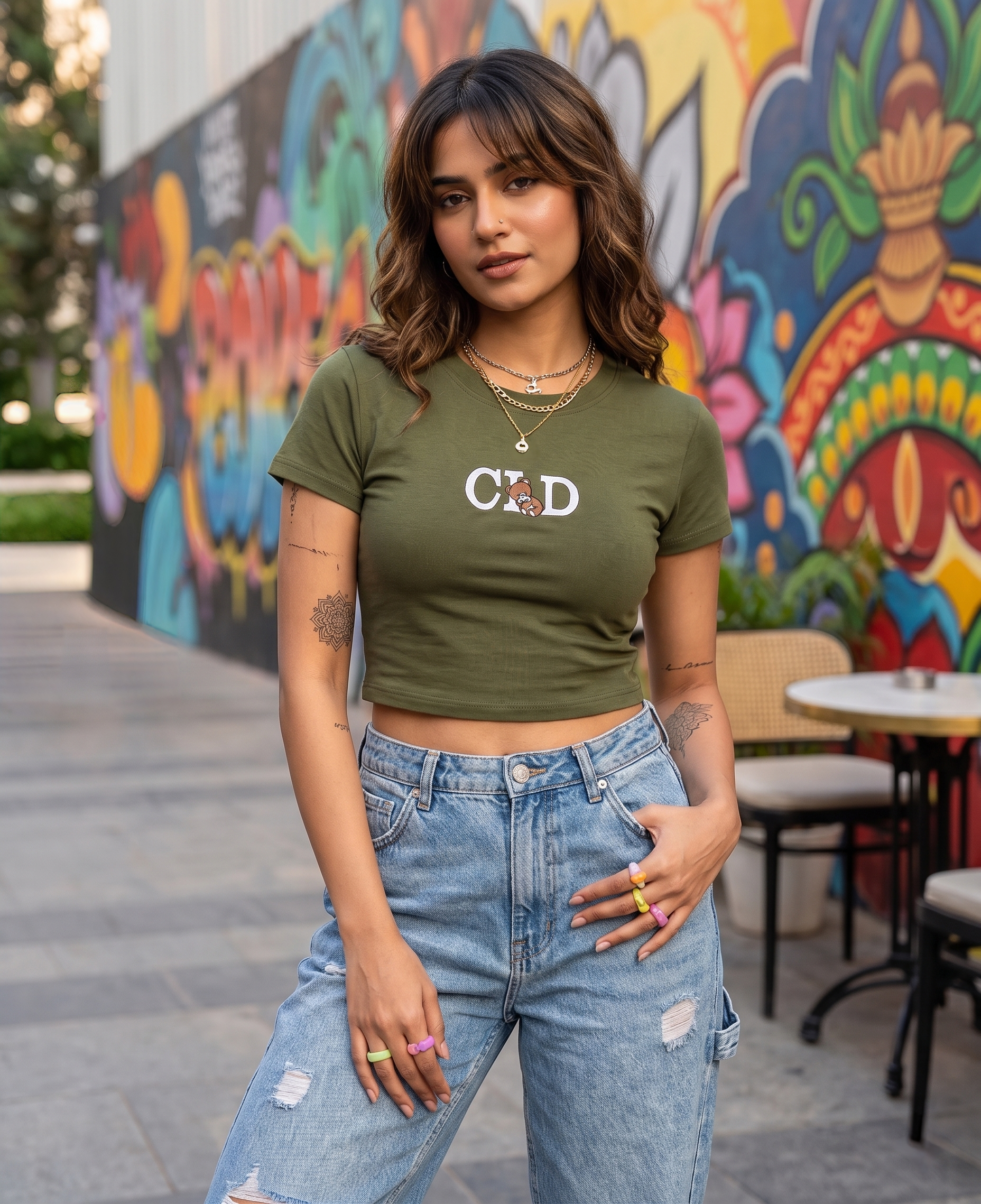 Olive Gold Wash Embroidered Baby Tee