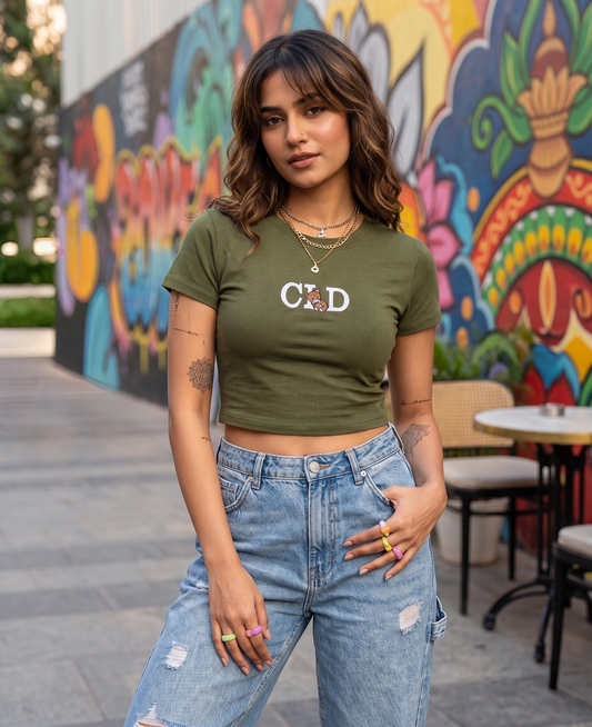 Olive Gold Wash Embroidered Baby Tee