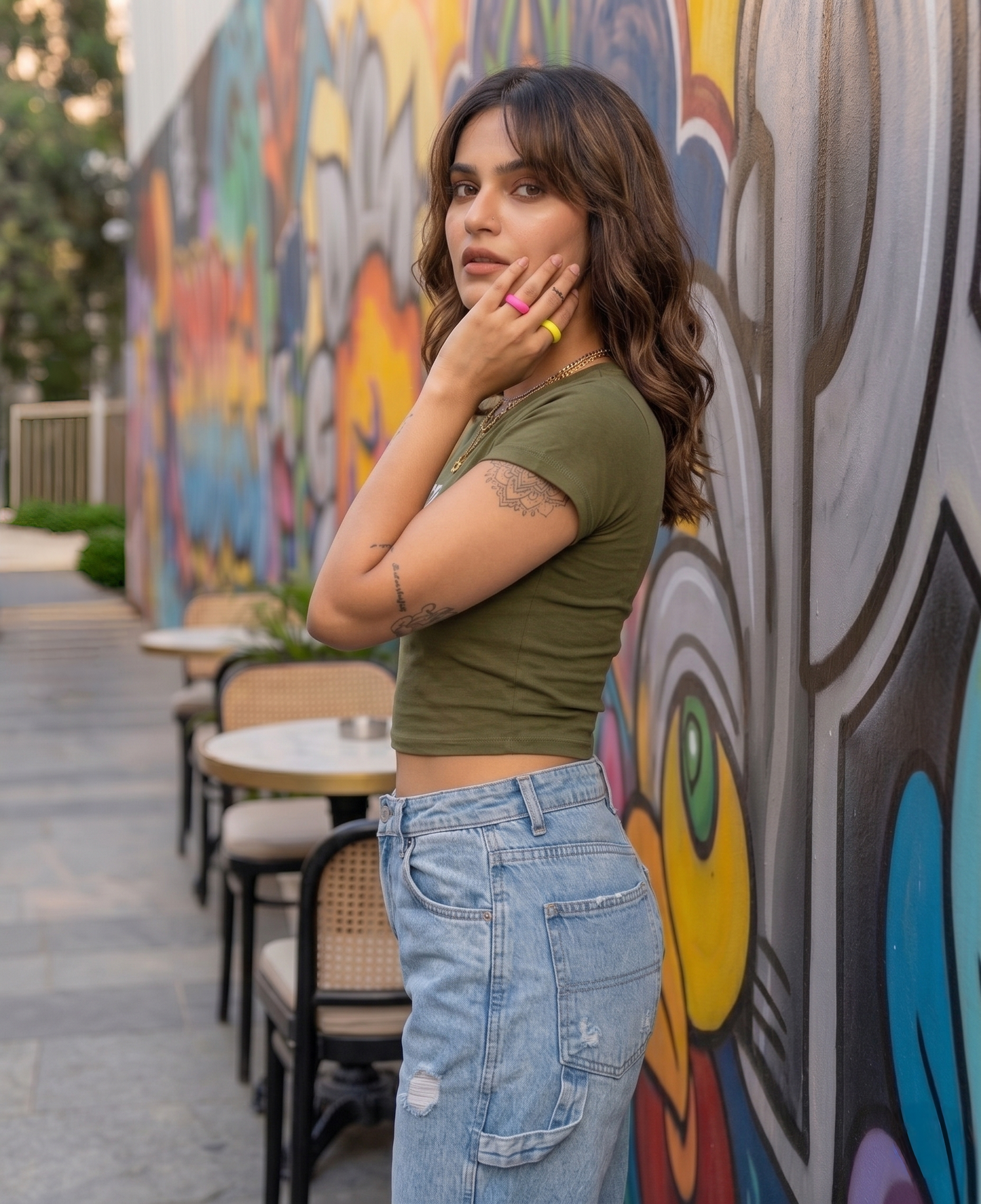 Olive Gold Wash Embroidered Baby Tee