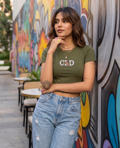 Olive Gold Wash Embroidered Baby Tee