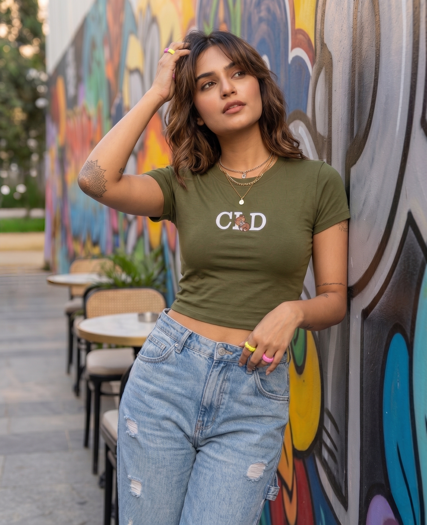 Olive Gold Wash Embroidered Baby Tee