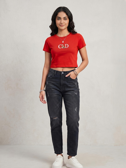 Red Gold Wash Embroidered Baby Tee