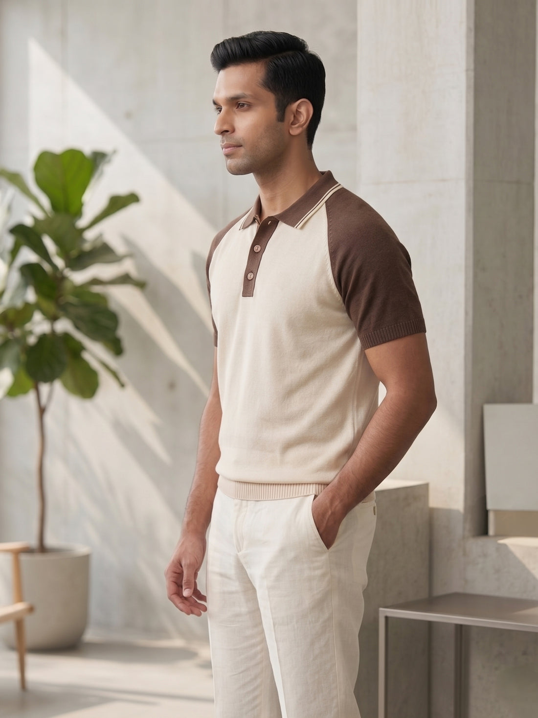 Off-White Brown Knitted Raglan Polo