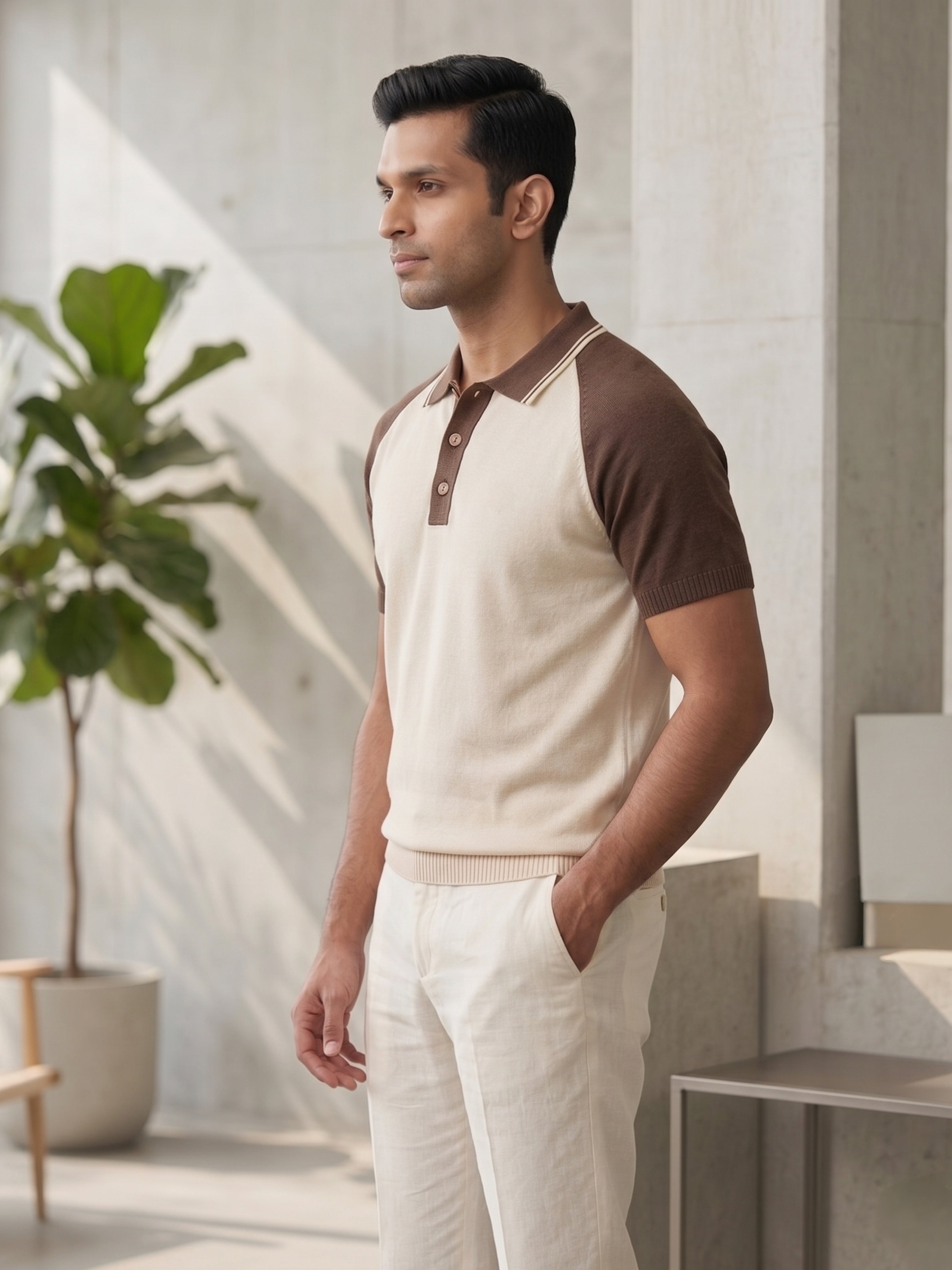 Off-White Brown Knitted Raglan Polo