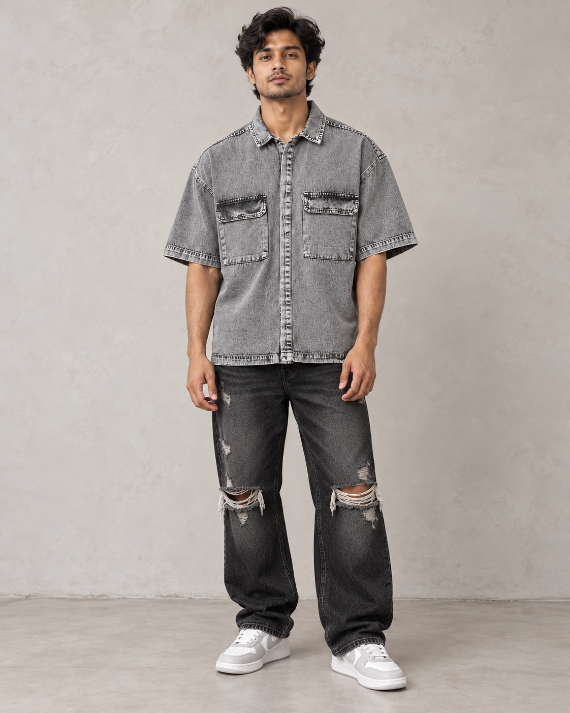 Black Denim Wash Boxy Shirt