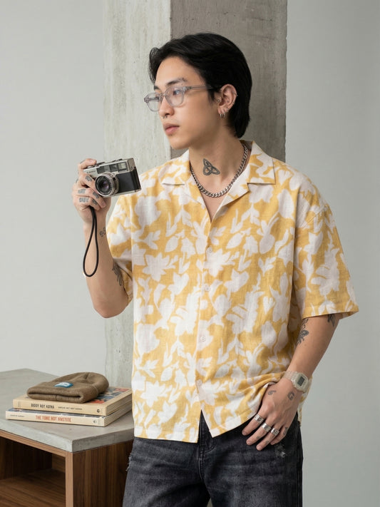 Oversized Yellow Floral Linen Shirt