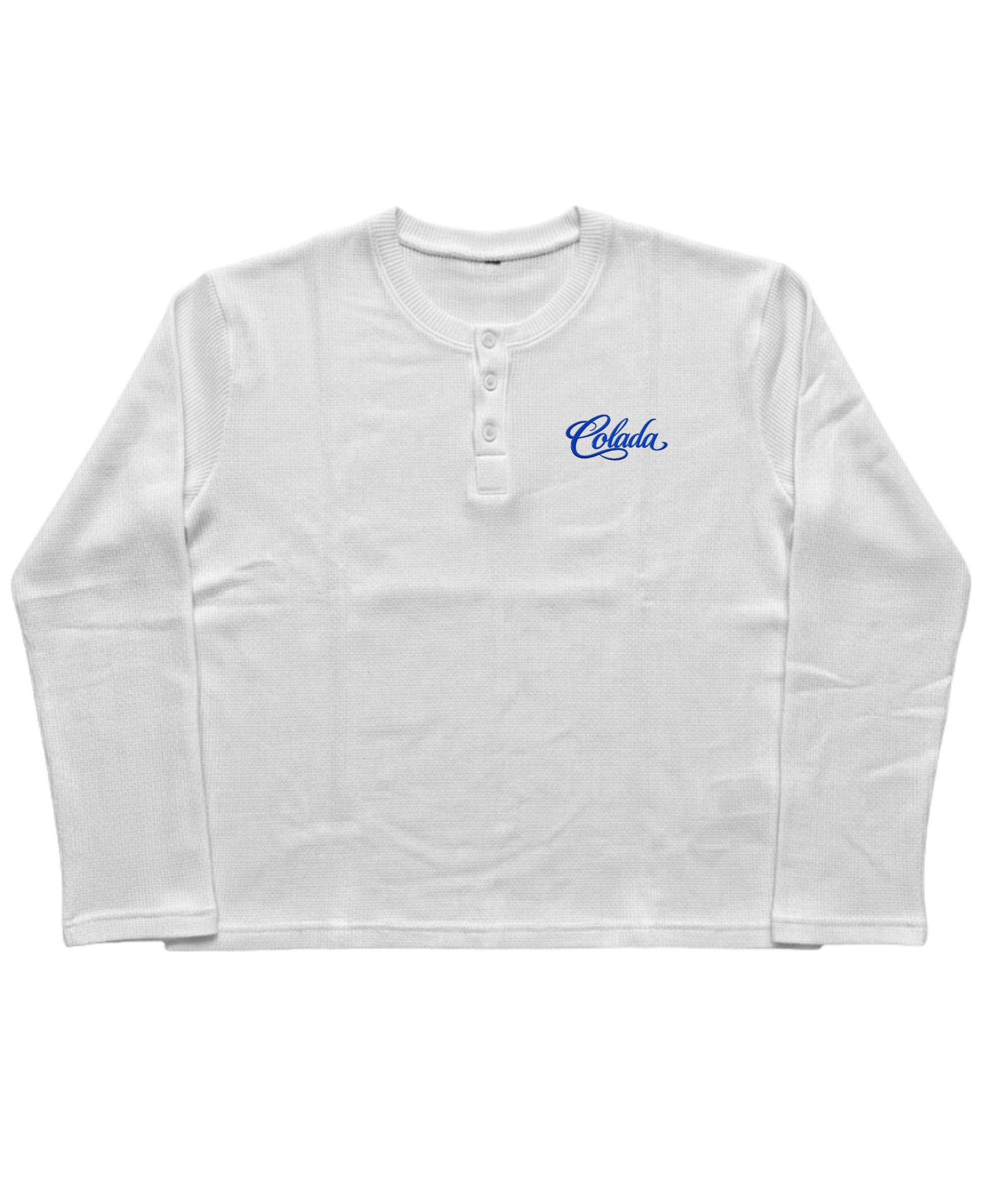 White Henley waffle knit Front Design