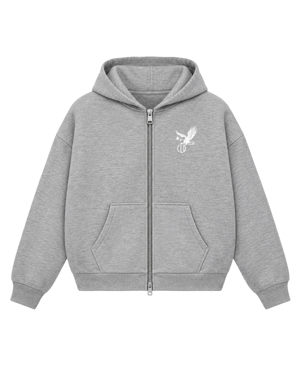 Grey Boxy Dual Zipper Hoodie Front Design