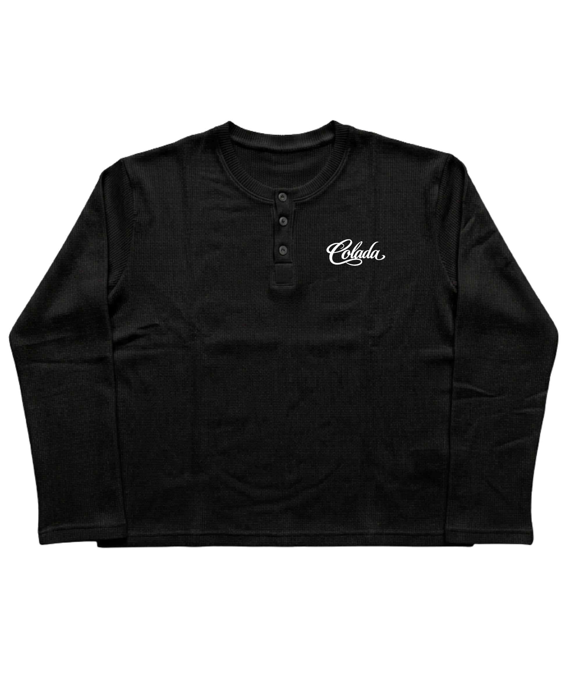 Black Henley waffle knit Front Design